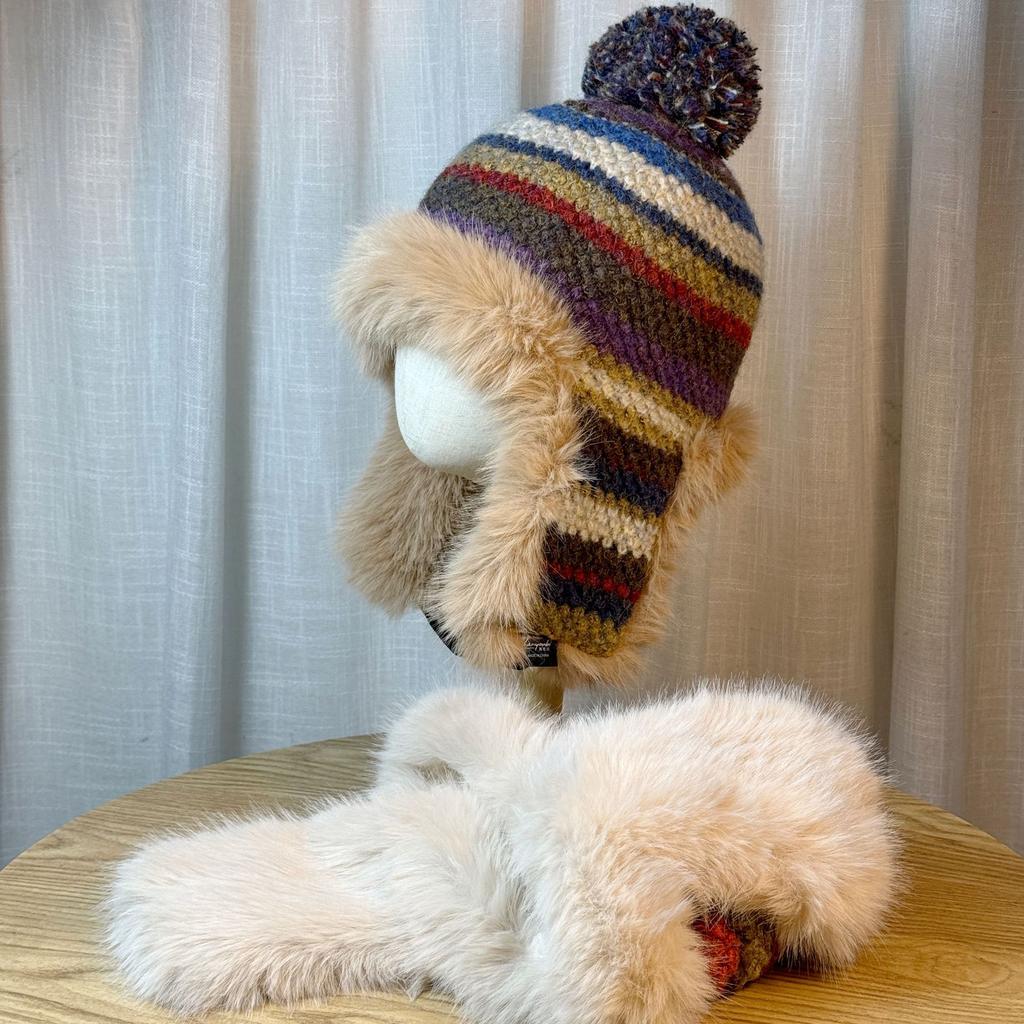 Rainbow Striped Plush Ear Protection Hat for Women In Autumn and Winter Thickened Plus Velvet Lei Feng Hat Northeast Cold Proof Knitted Pullover Hat