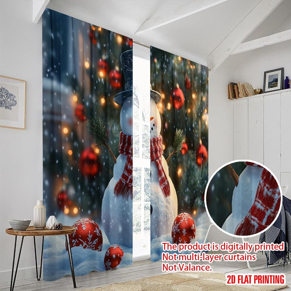 2pcs,2D Plane Printing Pattern Curtains Cute Snowman Christmas Tree_e Polyester Fabric (without Rod) Home Decor Use for Living