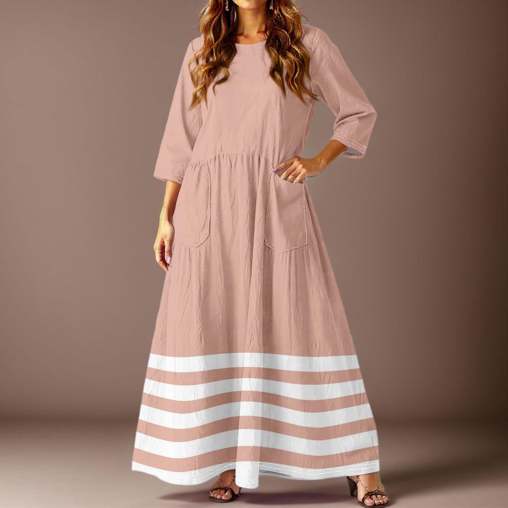 Women's Casual Fashion Striped Printed Three-quarter Sleeve Pocket Long Dress