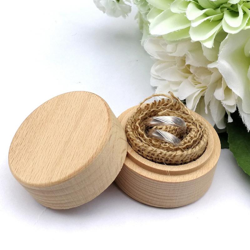 Round Pocket Size Wood Ring Box Lightweight Portable Jewelry Case for Engagement Proposal Wedding Anniversary Gift