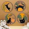 3D Cat Wall Decor 4Pcs Boho Decoration, Round Wooden Hangings, Animal Star Sun Moon Crescent Botanical Decor, Layered Wood Plaque for Living