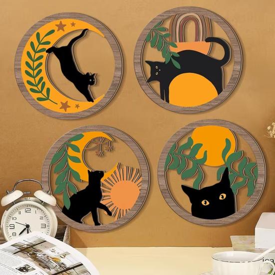 3D Cat Wall Decor 4Pcs Boho Decoration, Round Wooden Hangings, Animal Star Sun Moon Crescent Botanical Decor, Layered Wood Plaque for Living