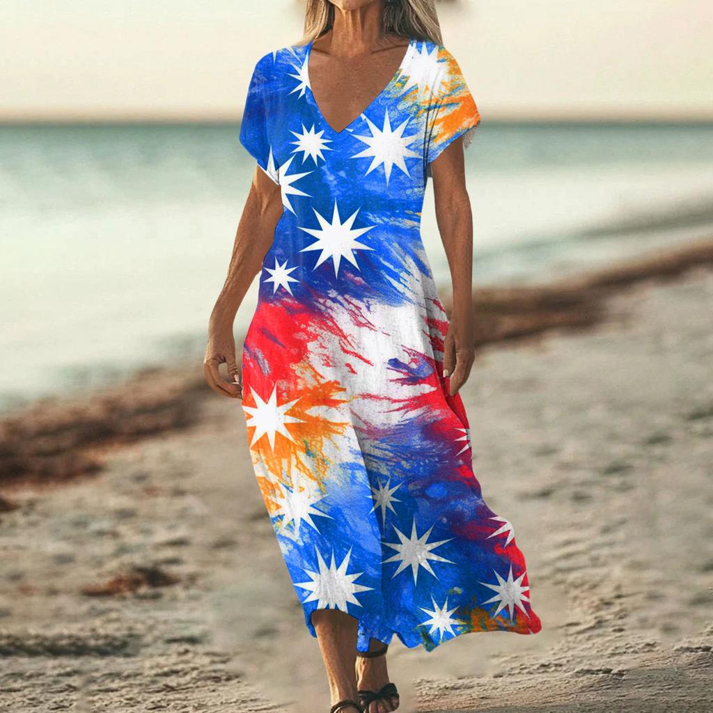 Women’s Maxi Dress V Neck Short Sleeve Loose Fit with Star and Stripe Printed Pattern for Casual Summer Wear
