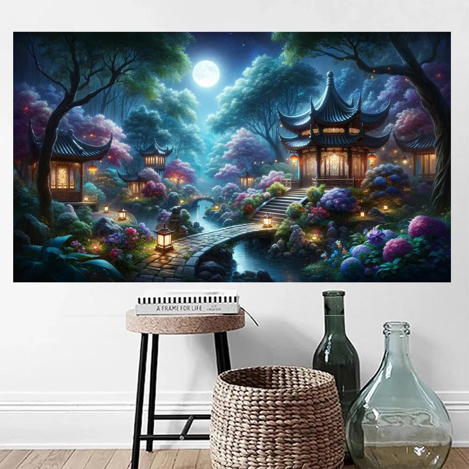 5D DIY Diamant gemalt Landschaft Mond kleine Brücke fließendes Wasser Pavillon Mosaik Stickerei Landschaft Home Dekoration