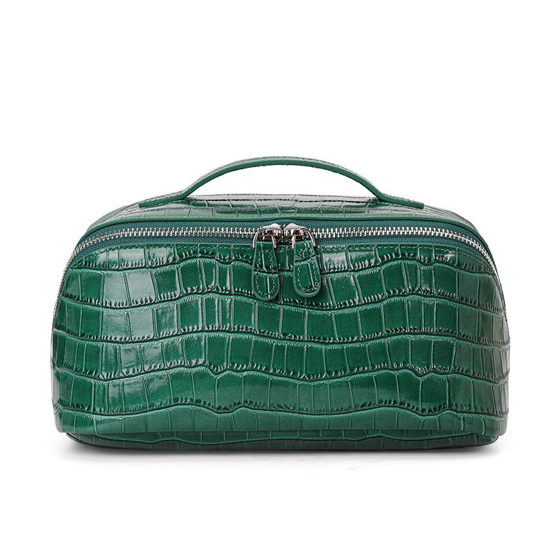 Green Crocodile-Textured Cowhide Mini Organizer – Compact Travel Cosmetic Bag & Stylish Square Clutch зелёный