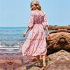 Kvinner Bohemia Blomstermønstret Kjole Vår Sommer A-linje V-hals Høy midje Halv erme Midt på leggen Blå Rosa Rose Rød Størrelser S-XL