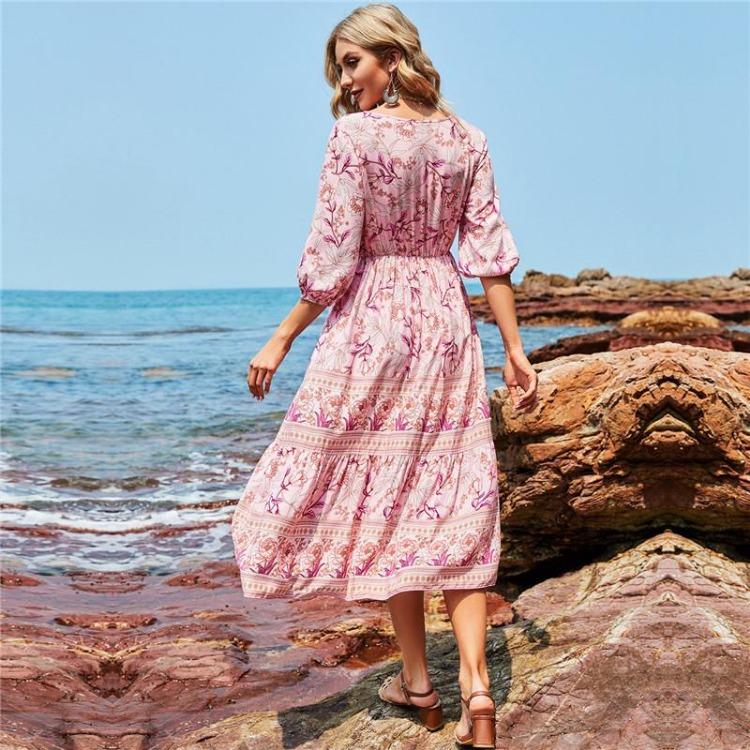 Kvinner Bohemia Blomstermønstret Kjole Vår Sommer A-linje V-hals Høy midje Halv erme Midt på leggen Blå Rosa Rose Rød Størrelser S-XL