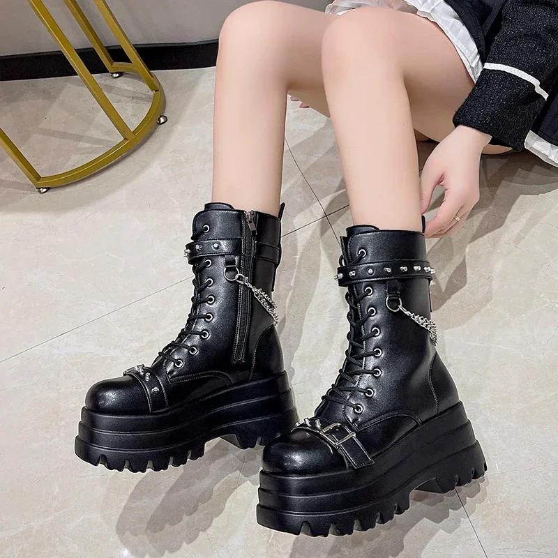 Fashion Platform Thick Gothic Boots Lady Buckle Autumn Women Wedges Knee High Booties Punk Street Cosplay Botas Motorcycle Chain Shoes