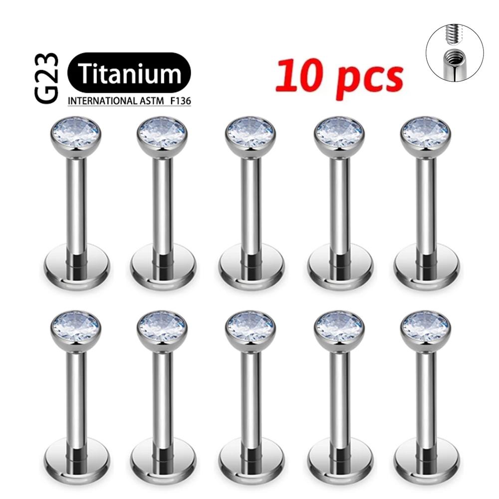 10Pcs ASTM F136 Titanium 18G/16G Internal Teeth Labret Stud CZ Cartilage Earring Helix Tragus Nose Stud Piercing