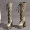 Sexy Lace Up Platform Long Boots Women Thick Gothic Heels High Knee Boot Winter Red Black Green Fetish Party Shoes Large Size 48