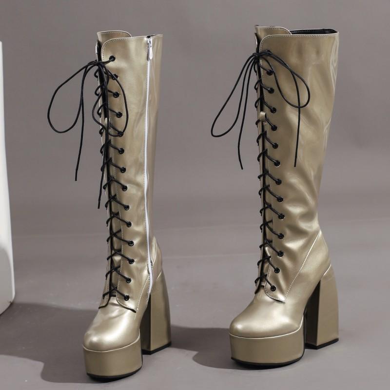 Sexy Lace Up Platform Long Boots Women Thick Gothic Heels High Knee Boot Winter Red Black Green Fetish Party Shoes Large Size 48