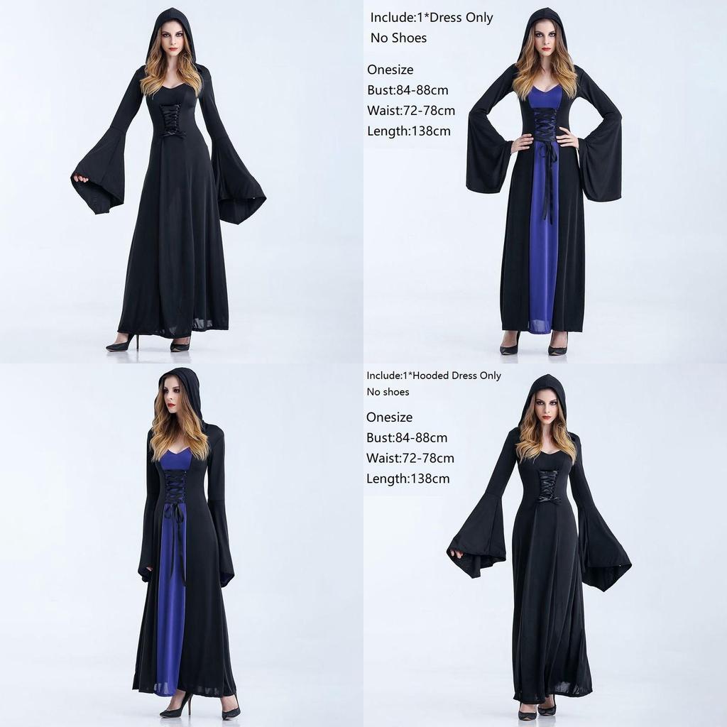 Enchanting Women Gothic Hooded Witch Wizard Dress With Flared Sleeves And Lace Up Design