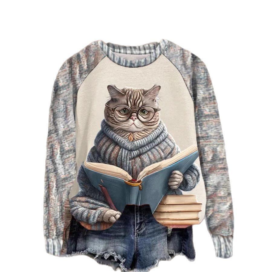 Round Neck 3D Cat Pattern T-shirts Casual Long Sleeved Women's T-shirts - Soft Medium Stretch Polyester Fabric Spring and Autumn Relaxed Fit Clothing