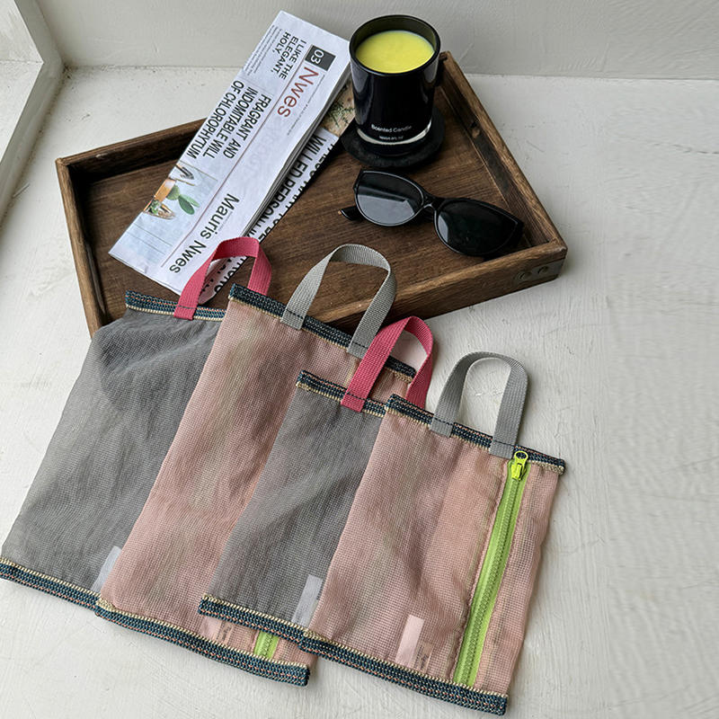 Translucent Mesh Storage Bag Portable Zipper Handbag Functional Cosmetic Pouch Pencil Case Documents Paper Organizer