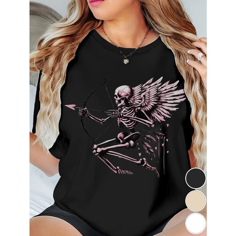 

European Size Plus Size - Women S Gothic Skeleton Cupid T-Shirt - Edgy Valentine S Day & Halloween Party Outfit - Soft Everyday Gothic Top M