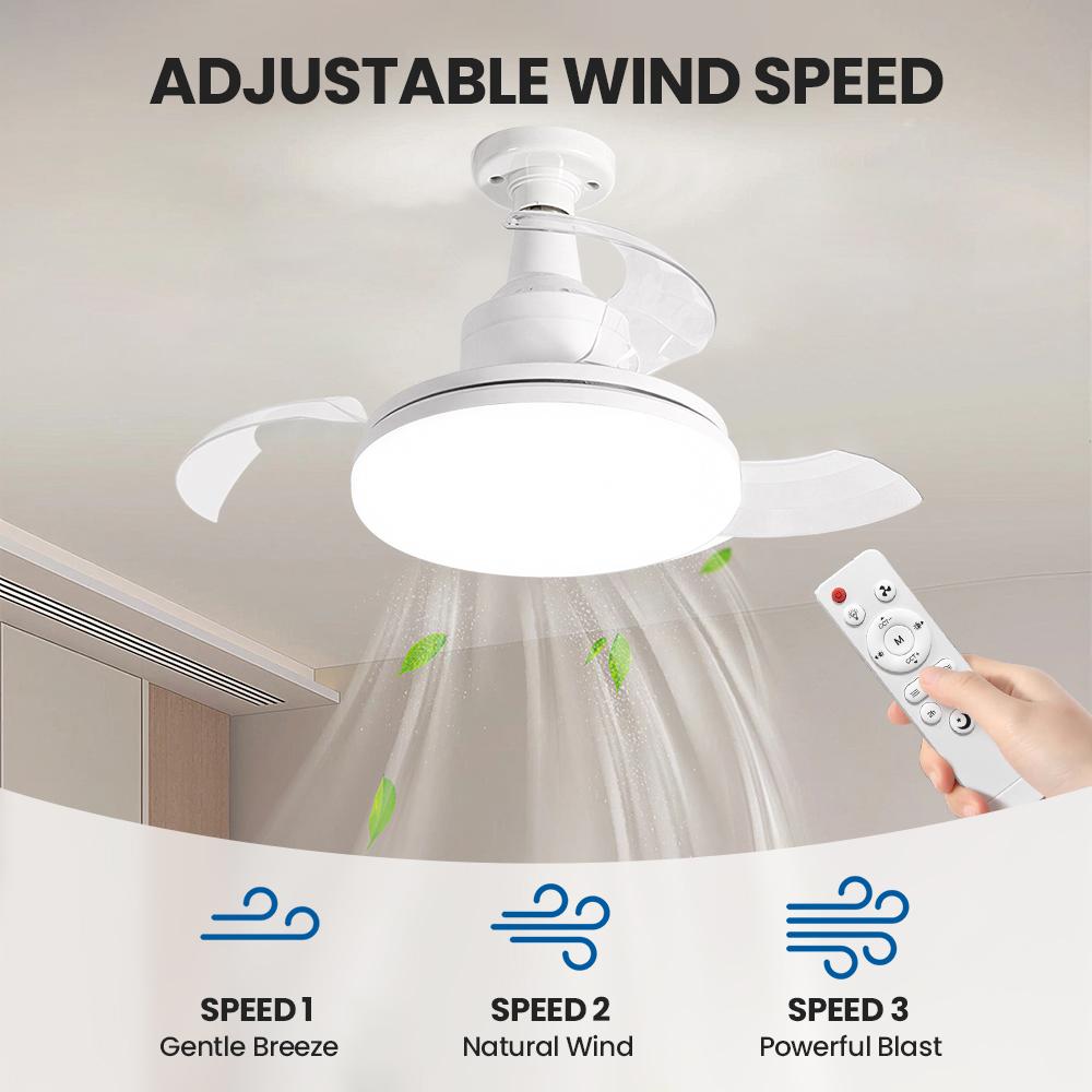 LED Ceiling Fan Light E27 Screw Invisible Fan Light with Remote Control Mute Timming Function 3-Speeds Wind Free Extension Pole
