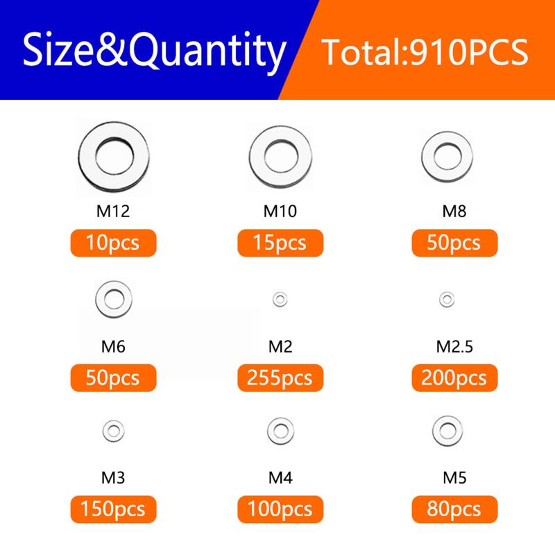 910/200Pcs Suitable For Home Decoration 304 Stainless Steel Flat Washers Assortment Kit (M2 M2.5 M3 M4 M5 M6 M8 M10 M12)