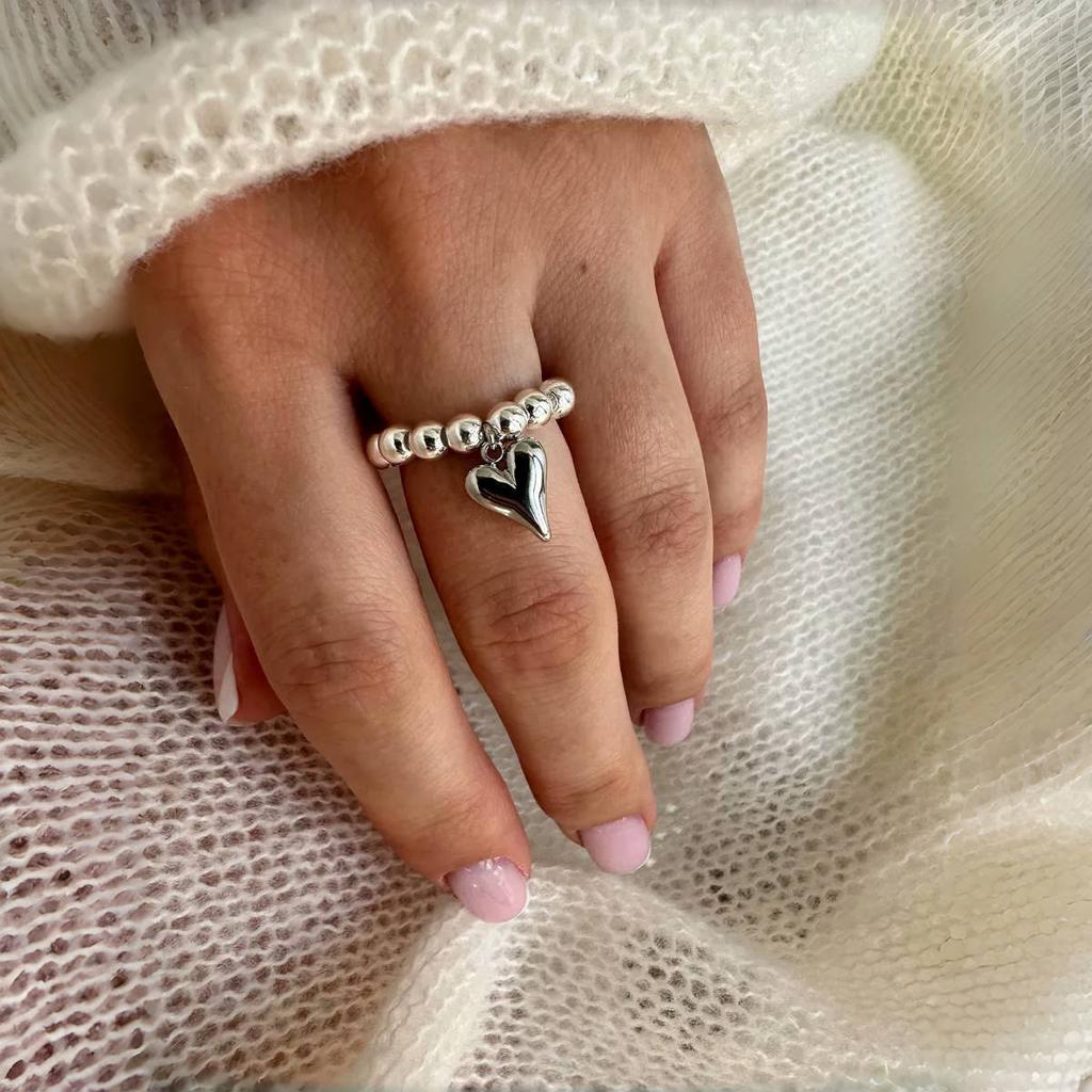 Vintage Love Heart Pendant Rings for Women Round Bead Rings Jewelry Gifts
