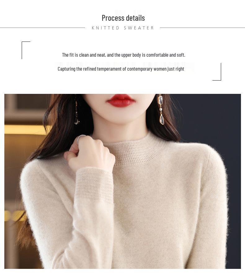Women's Cashmere Sweater - Autumn/Winter, Solid Color, Loose Pullover, Half-High Collar, Korean Style, Long Sleeve Knit Wool Base Layer.