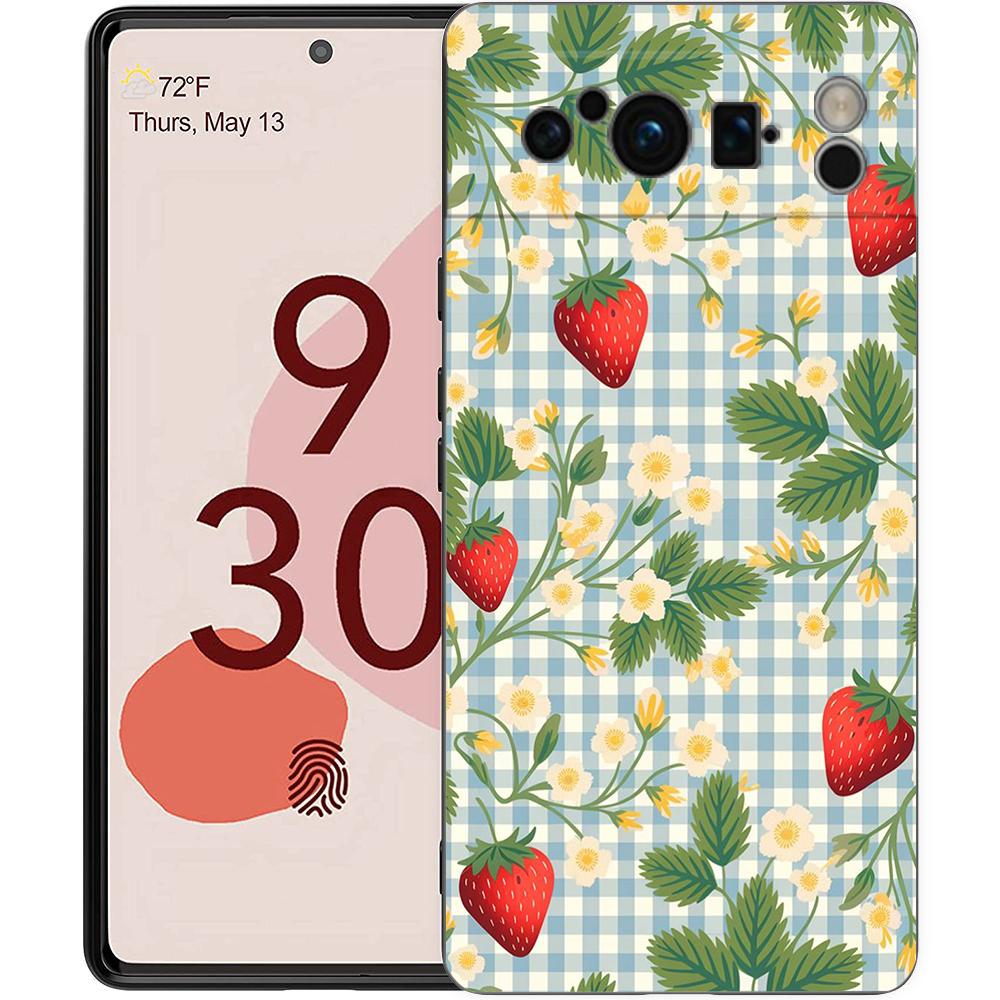 Luxury Phone Case For Google Pixel 10 9 8 9A 8A 7 7A 6 Pro XL 6A 5G Black Soft Back TPU Cover Summer Strawberry Flowers Print