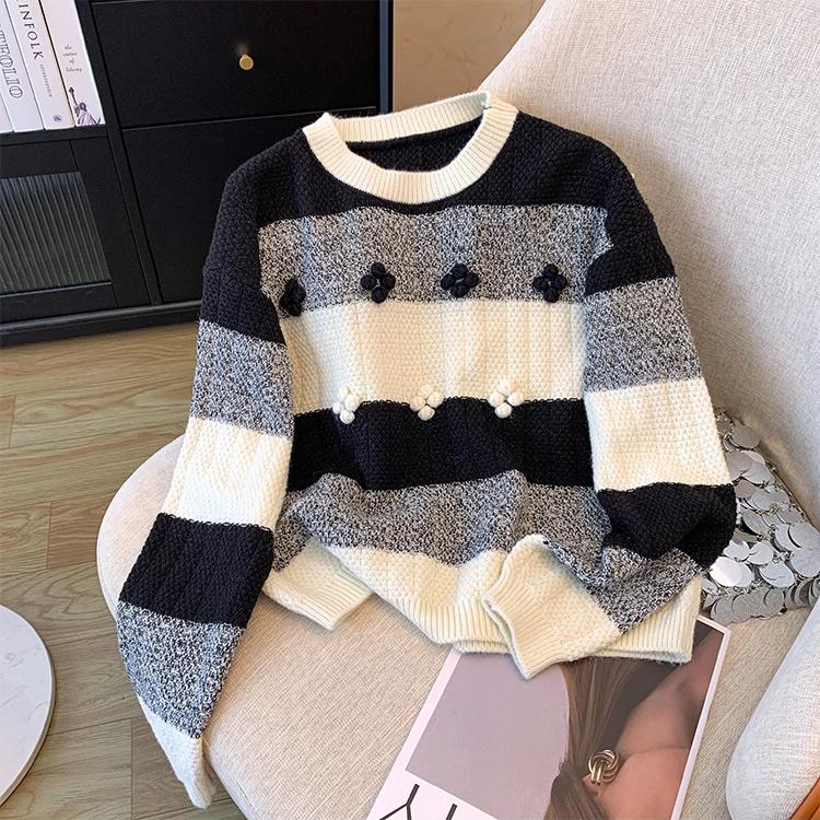 

Дизайн Sense Контрастный цветной женский полосатый свитер весна-осень новый корейский стиль свободный вязаный свитер 2XL чёрный