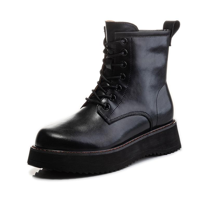 Leather Martin Boots Women's 2025 Winter New Women's Fleece Skinny Short Boots Platform Women's Boots Thick Heel Medium Tube Women's Shoes