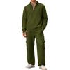 Men's Classic Casual Outdoor Activewear Set | Fleece Solid Color Quarter-Zip Stand-Collar Hoodie & Elastic-Waist Cargo Pants 2-Piece Outfit