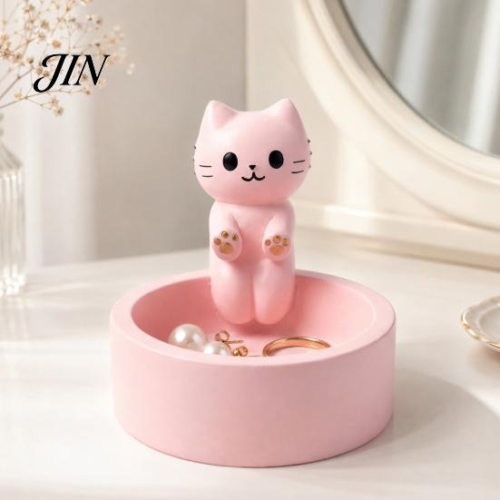 Jewelry Organizer with Deep Plate Cute Cat Storage Tray, Slot, Pink Matte Resin Decorative Ornament, for Dressing Table And Keys Ring Necklace Tray