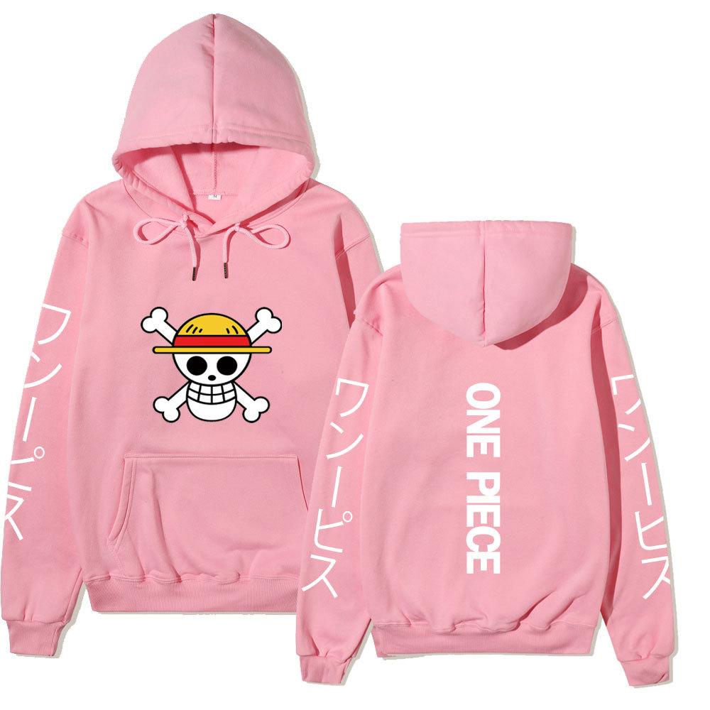 One Piece Straw Hat Jolly Roger Hoodie, Japanese Letter Sleeve Print Pullover Sweatshirt Unisex Casual Streetwear