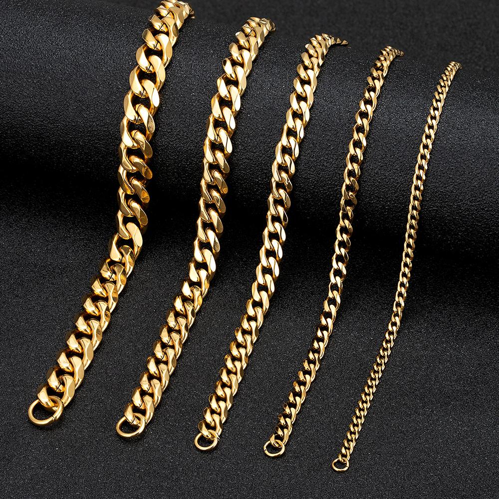 Mens Simple 3-11mm Stainless Steel Gold Plated Dainty Curb Cuban Link Chain Bracelets for Women Stacking Jewelry