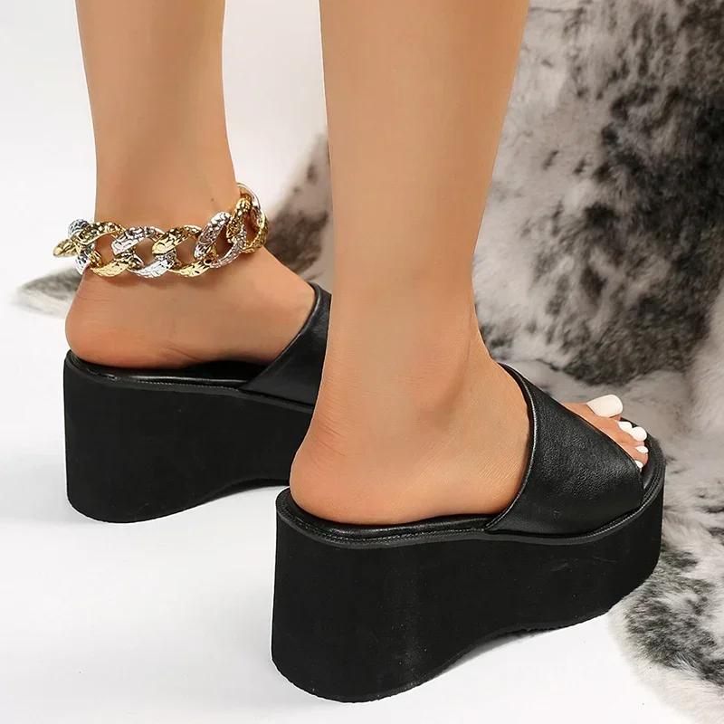 Fashion Chunky Platform Sandals Women Fashion Black PU Leather Wedge Slippers for Woman 2025 Summer Thick Bottom Slides Plus Size