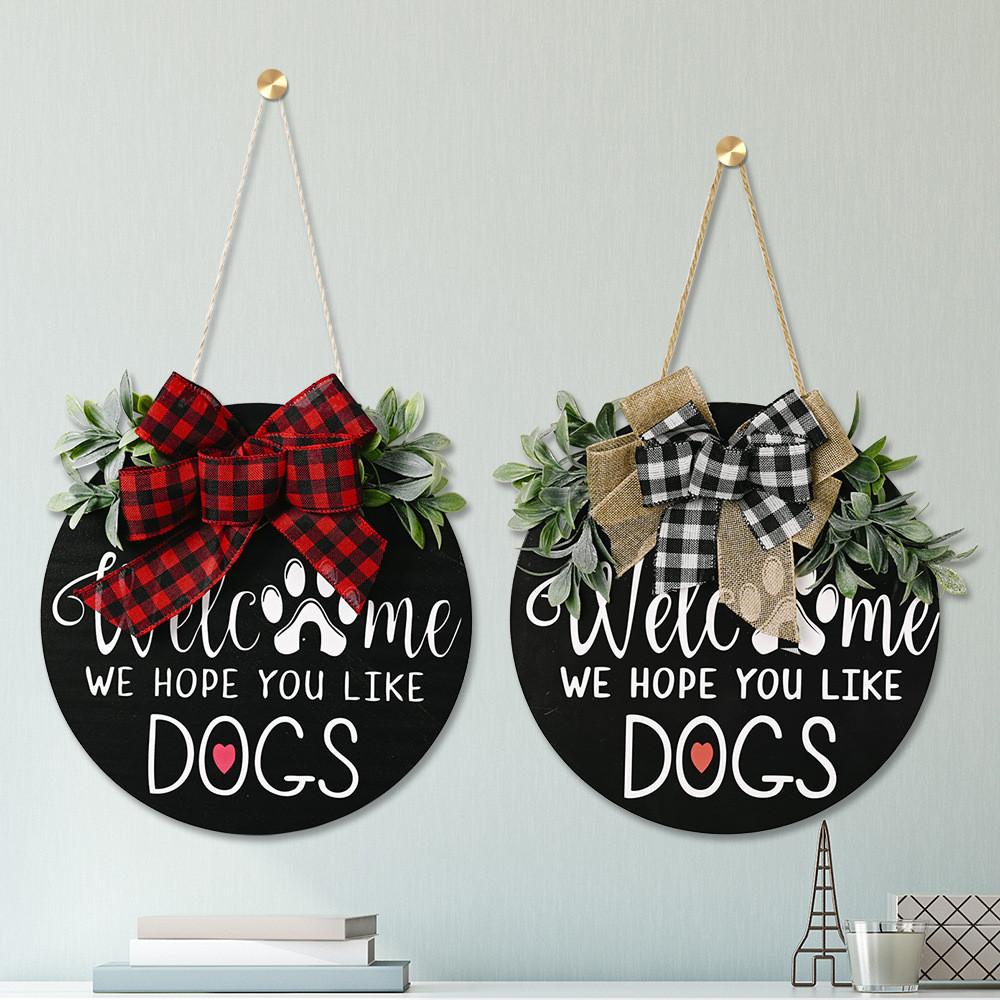 Handcrafted Stunning Wooden Dog Plaque With Classic Bow And Leafy Wreath For Decor Charming