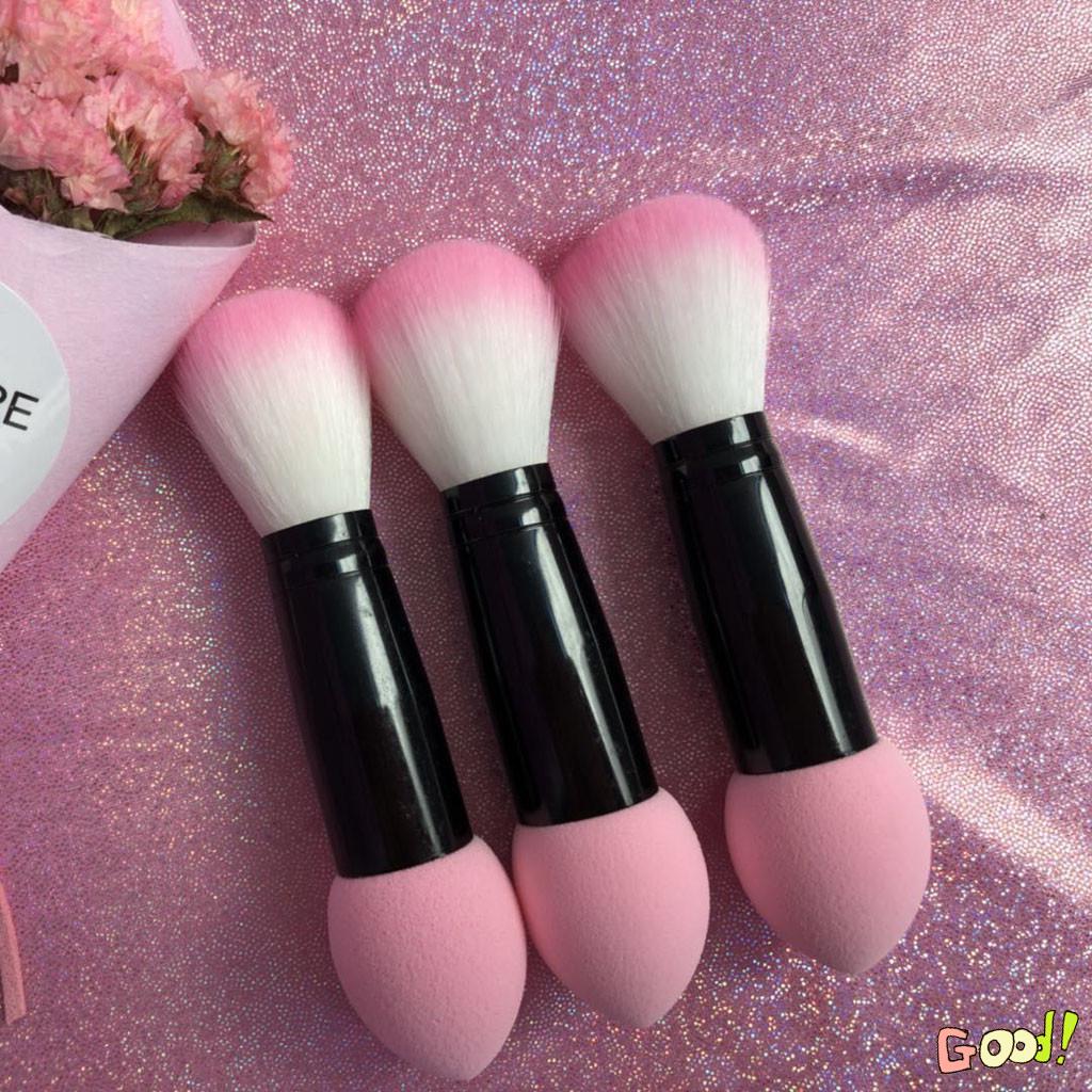 1pc Professional Blusher Brush Nylon Make Up Brushes Two Head Metal Cosmetic Tools with Sponge