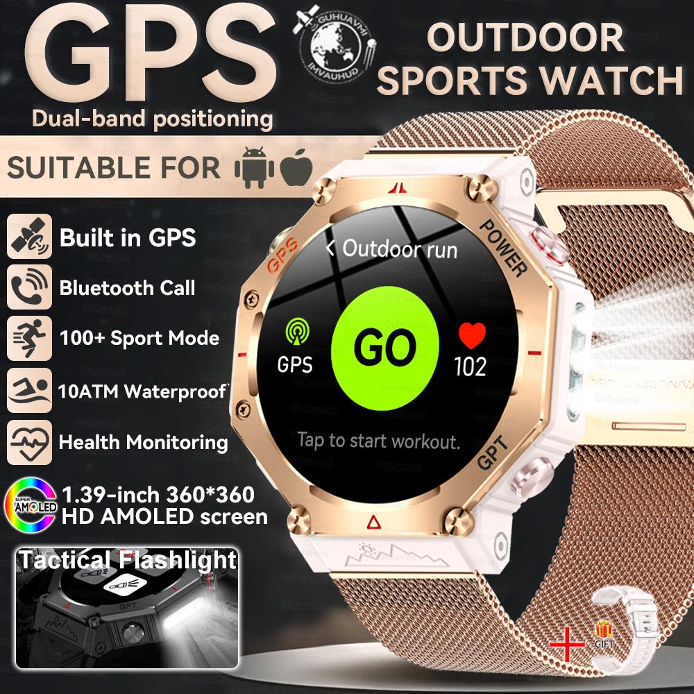 New Bulit-in GPS Outdoor Smart Watch Men Flashlight compass BT call Heart rate 10ATM Waterproof  Sports Smart watch