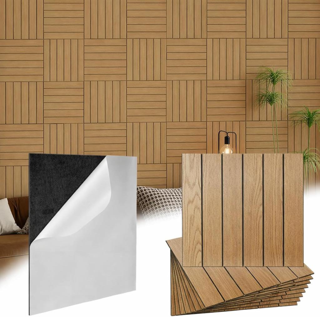 10Pcs Peel and Stick Wood Slat Wall Panels Decorative Wall Panels 12"x12" Self Adhesive Slat Acoustic Textured Panel Soundproof