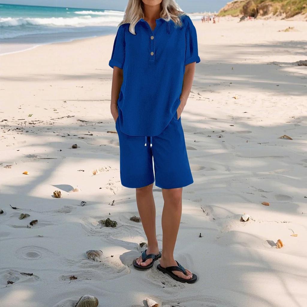 Women's Casual Pants Set Fashion Women's Shirt Soild Two Piece Set