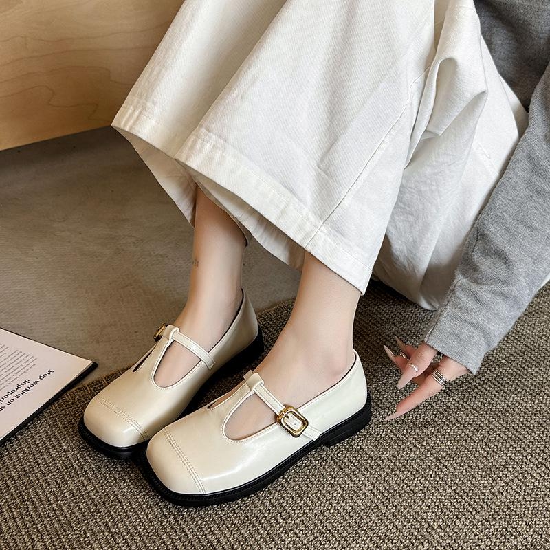 Soft Leather Version~ Square Head T-Buckle Retro Mary Jane Small Leather Shoes Versatile Loafer Shoes Commuter Flat Shoes Women
