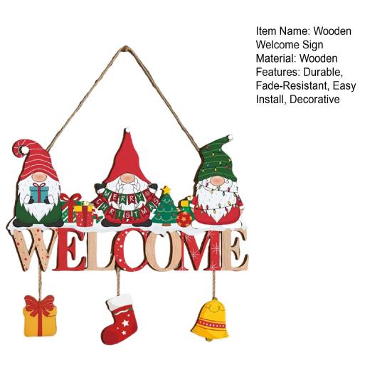 Rustic Holiday Entrance Ornament Christmas Gnome Wooden Welcome Hanging Sign, Cartoon Elf Decor with Gift Bell Winter Door Hanger Charms, Farmhouse