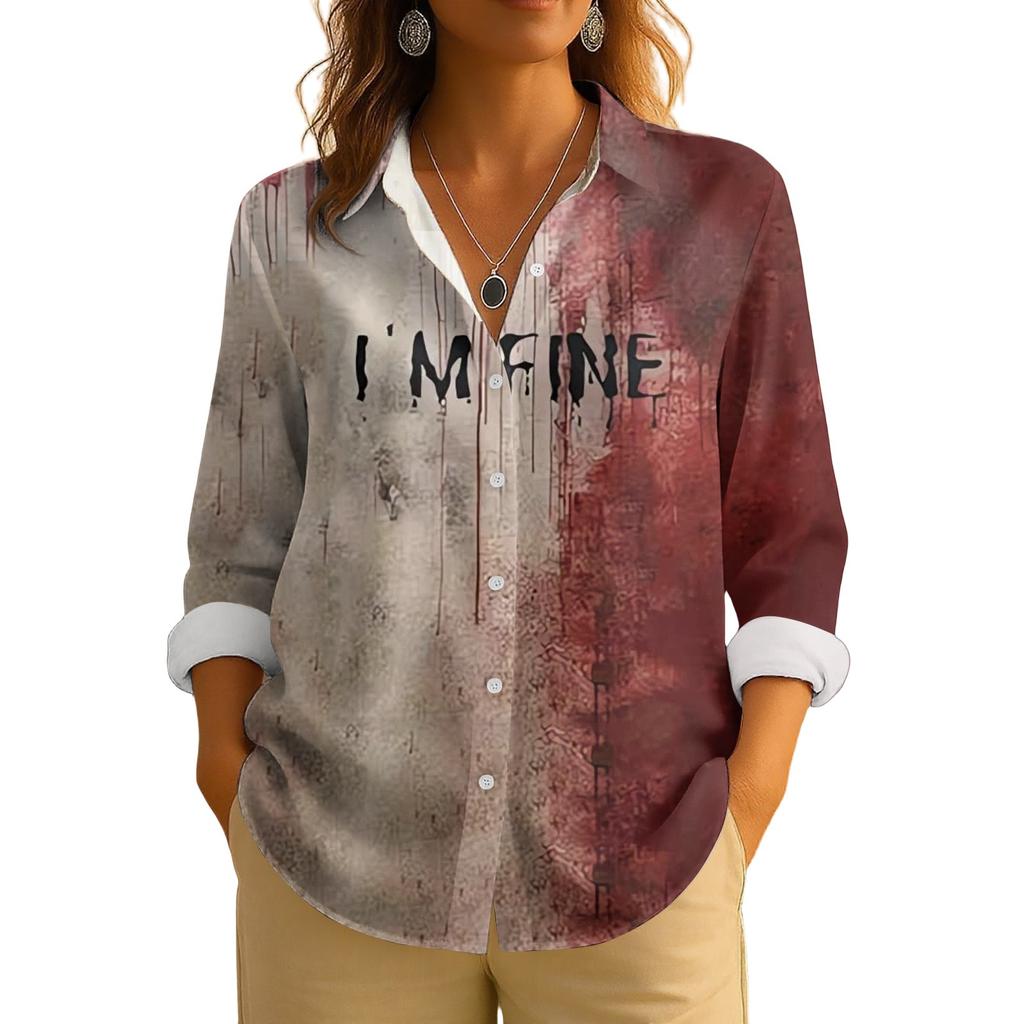 Women's Retro Halloween Printed Button Up Long Sleeved Casual Regular Shirt Collar Top