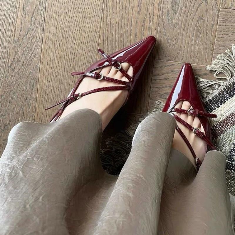 Fashion 2025 New Patent Leather One-Line Buckle Cat Sandals Women'S Black Silk Pointy Stiletto Heels