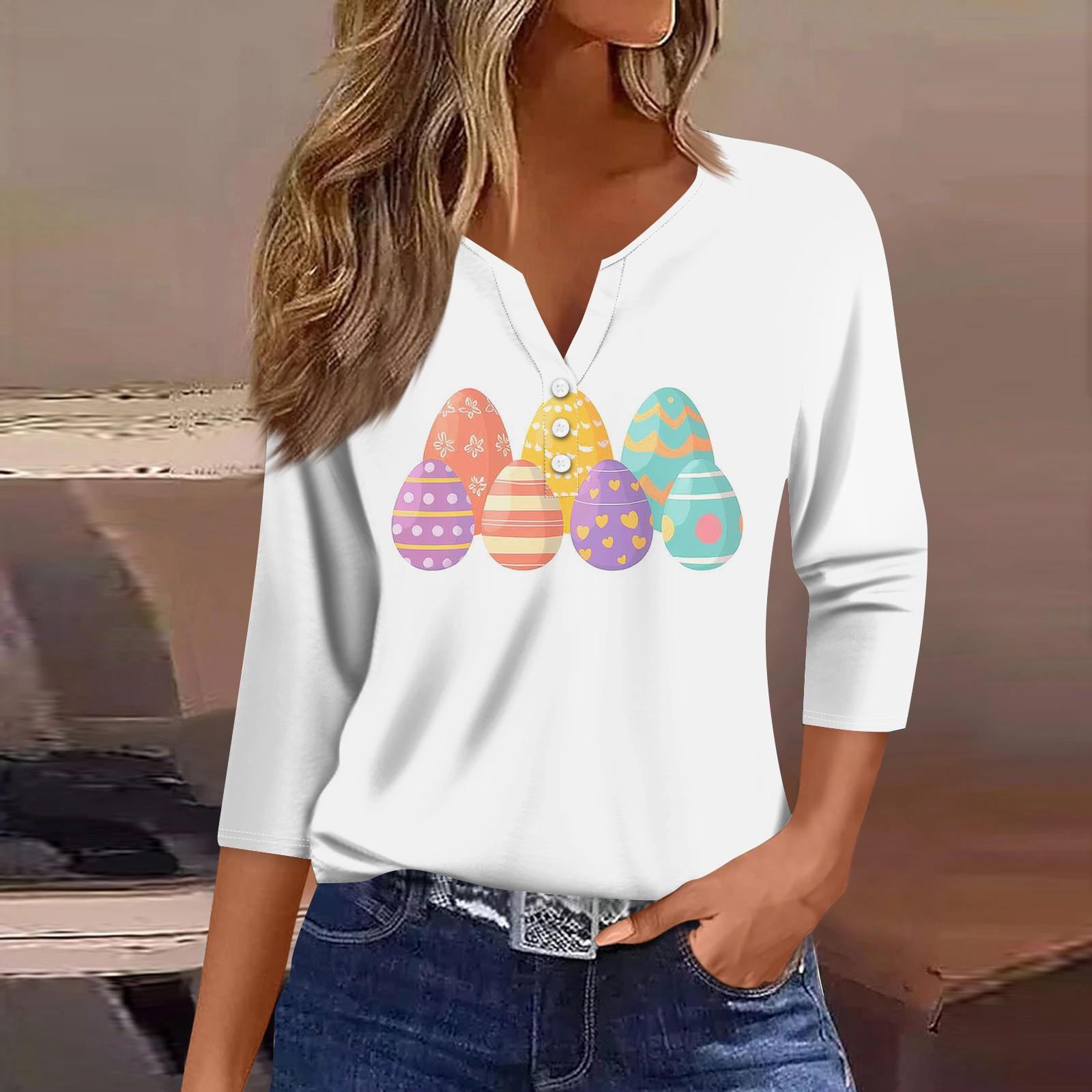 

Жіноча футболка з принтом на ґудзиках, рукав 3/4, повсякденна мода на вихідні, базовий V-подібний виріз, звичайний топ XL білий