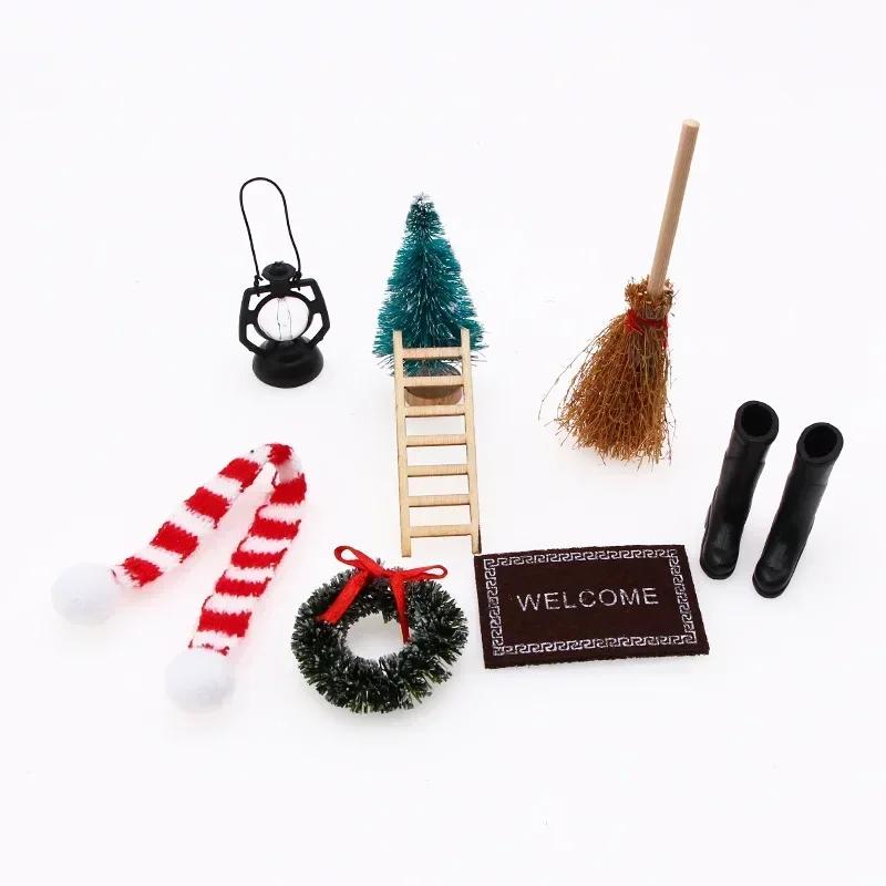 8 Pcs/set Dollhouse Christmas Boots Tree Wreath Pine Santa Claus Carpet Broom Dollhouse Miniature Accessories For Children