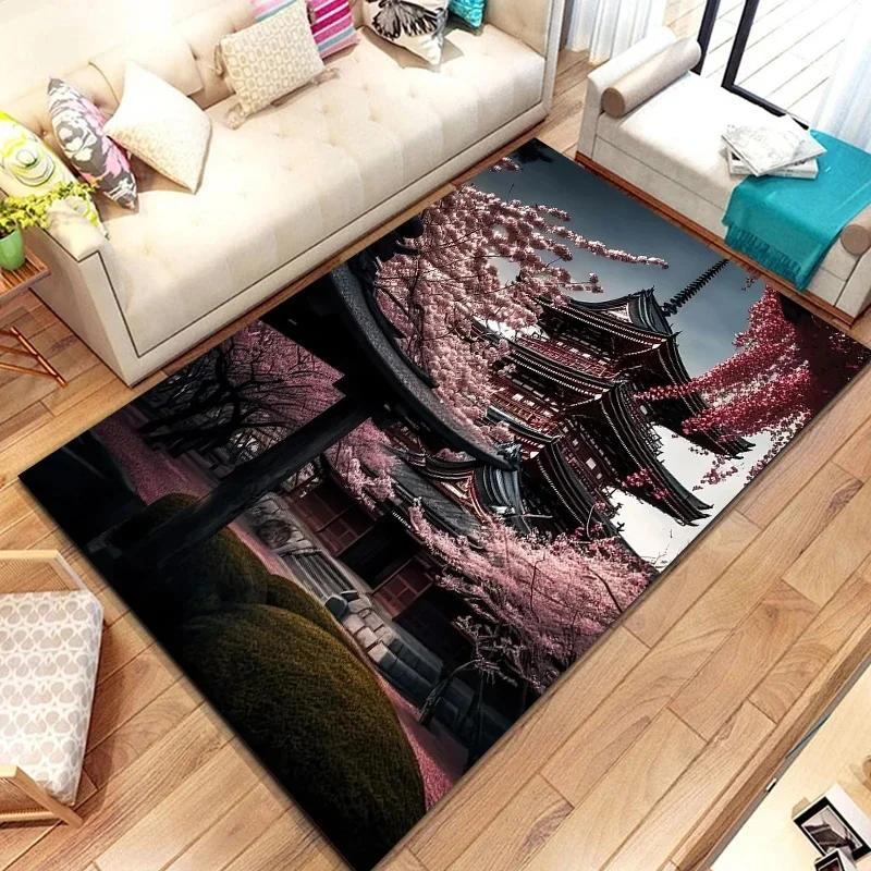 3D Japanese Cherry Blossom Floor Mat with Mount Fuji Design Large Soft Carpet for Kids' Bedroom Stylish Rug for Living Room