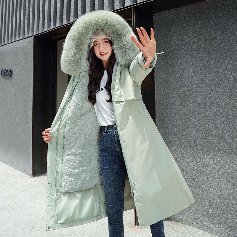 Women's Korean Style 3-in-1 Reversible Long Cotton Parka with Removable Liner and Slimming Waist