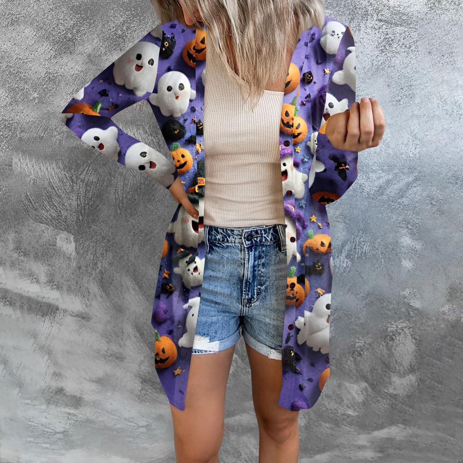 

Женский повседневный кардиган, топ с длинными рукавами и карманами с принтом на Хэллоуин L фиолетовый