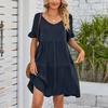 Women's Casual Fashion Summer V-Neck Dresses Solid Color Short Sleeve Pleated Dresses