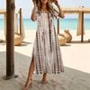 Women Fashion Round Neck Dazzling Dyeing Splicing Geometry Printed Short Sleeve Side Slit Dress Casual Vacation Dress Long Loose Dress