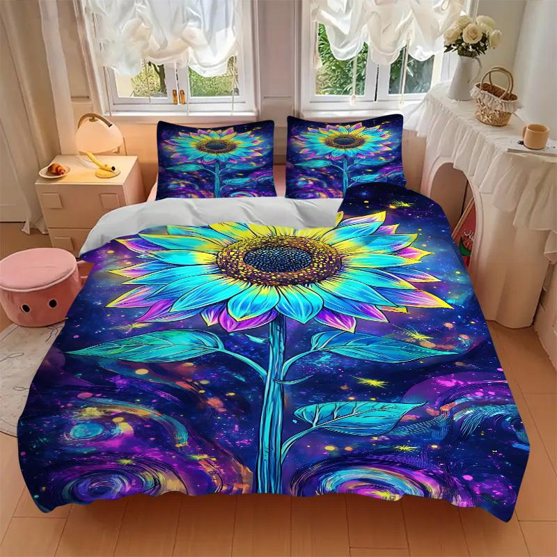 3pcs Cosmic Sunflower Bedding Set - 1 Duvet Cover + 2 Pillowcases(Core Not Included), Machine Washable Polyester, All-Season Comfort, Bedroo