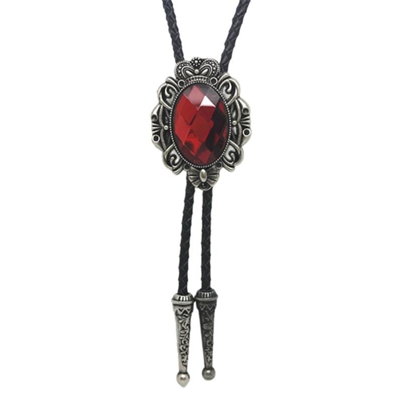 Mens American Bolo Tie Western Antique Crystal Cowboy Pendant Shirt Chain Collar Necktie Leather Rope Jewelry Necklace