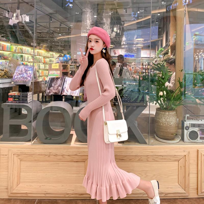 Long Sleeve Sweater Dress Women Maxi Dress Knit Fishtail Long Winter Knitted Dresses Clothes Ruffelss Women Clothing